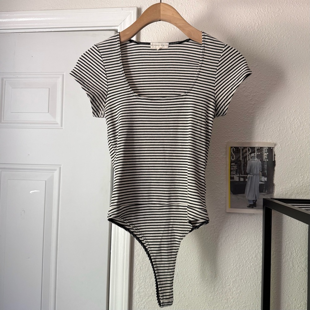 Whimsy + Row‎ black white rib ribbed cotton square neck short sleeve bodysuit